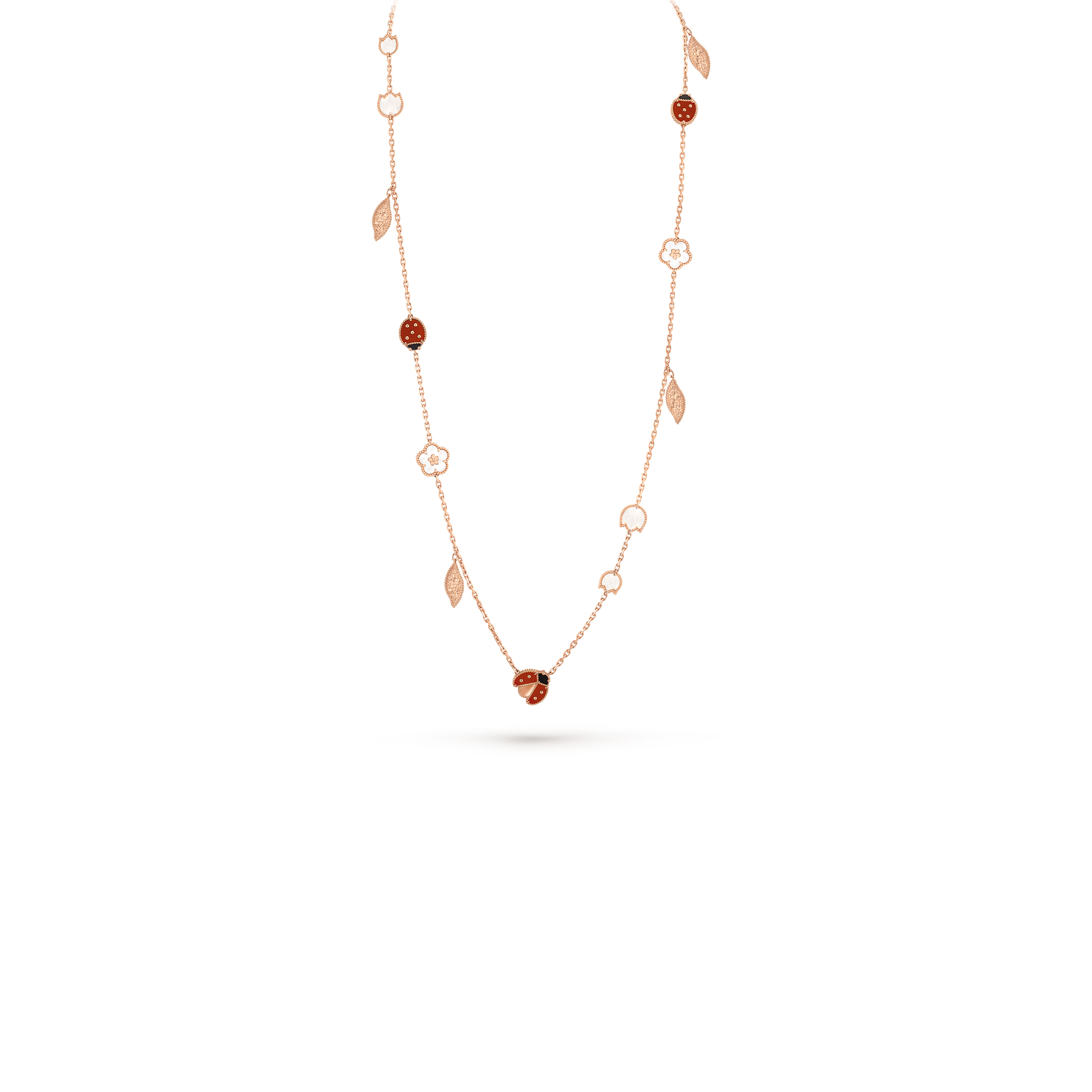 VAN CLEEF ARPELS LUCKY SPRING LONG NECKLACE, 15 MOTIFS - ROSE GOLD, CARNELIAN, MOTHER-OF-PEARL, ONYX  VCARP7RT00